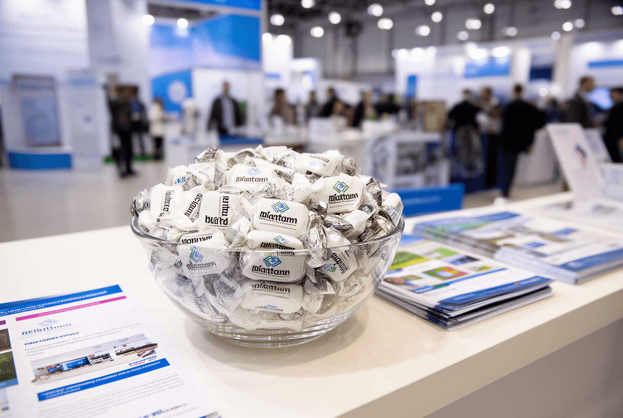 bonbons publicitaires personnalisés présentés sur un stand salon
